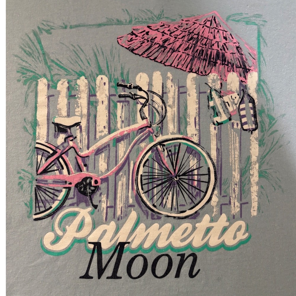 Palmetto Moon Graphic T-Shirt Womens L Blue Beach Bicycle Cotton Good Preowned